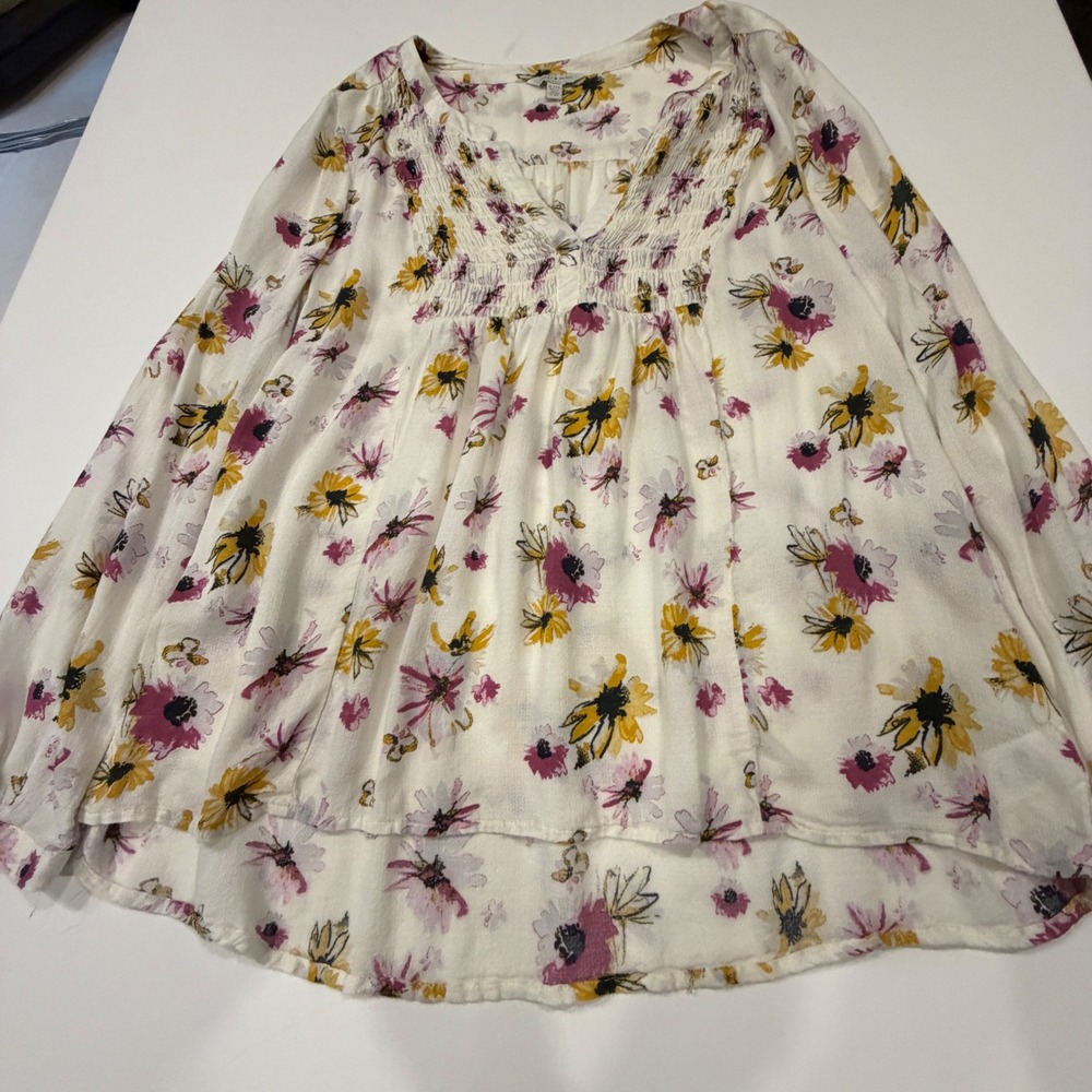 Lucky Brand Womens XL Floral Smocked V-Neck Peasant Blouse White Yellow Purple